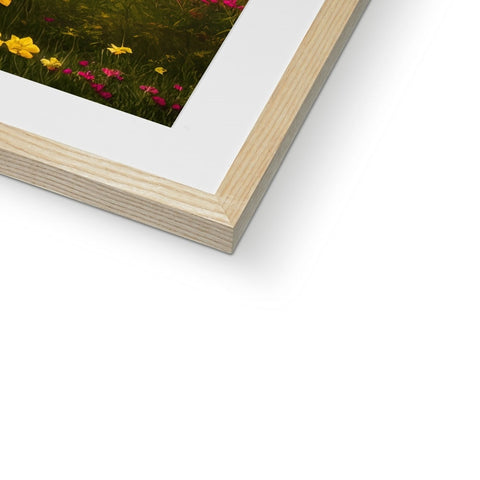 A picture on the bottom of a wooden frame in a frame next to some flowers.