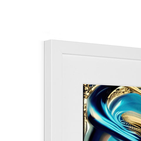 An art picture frame with a blue image in gold on it.
