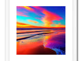 A colorful print with a sunset on a beach looking close up to shore.