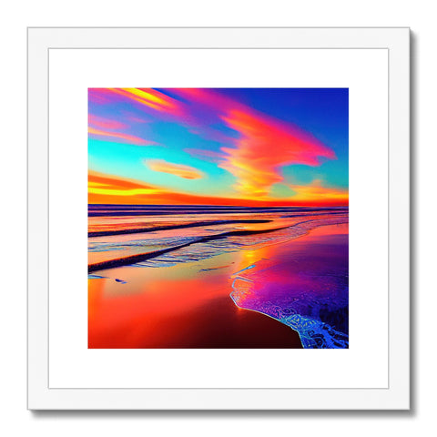 A colorful print with a sunset on a beach looking close up to shore.