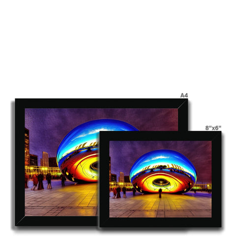 Art print on a glass panoramic view of a building and a bathroom mirror.