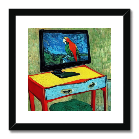 A TV on the desk beside an art print of a small painting next to a computer
