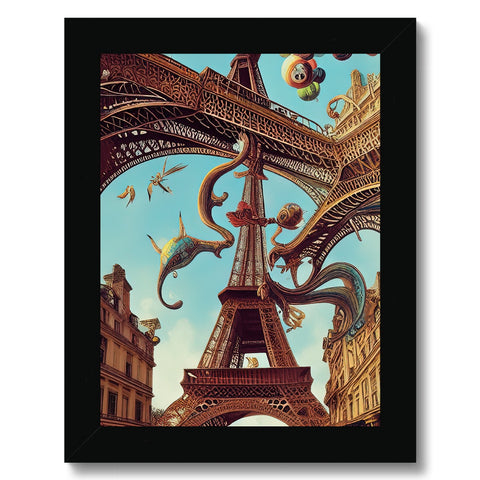 A framed poster with an image of the great monument of the Eiffel tower on