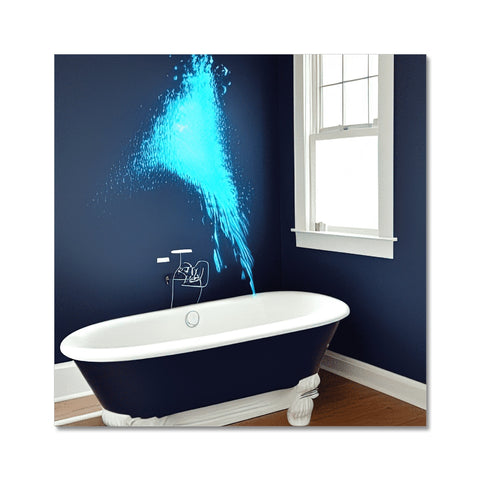 A picture of a beautiful bathroom with a blue shower and tub and a shower curtain with