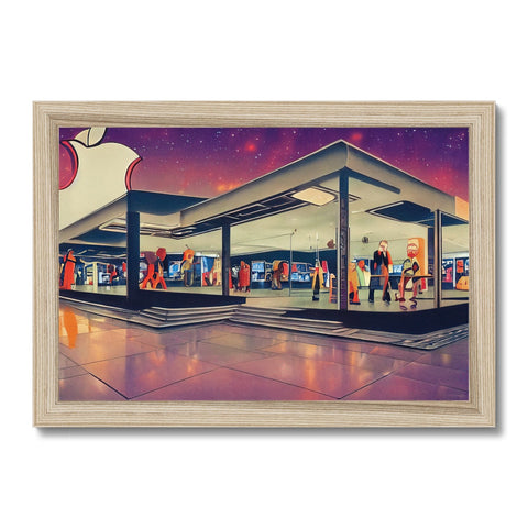 A green gas station with an art print next to the entrance
