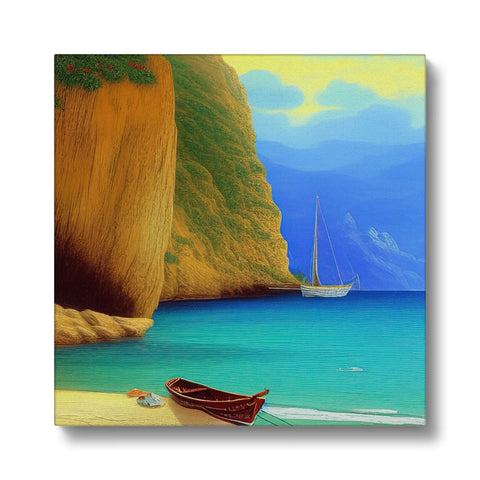 Sailboat on the shore of the ocean with a person sitting on a boat next