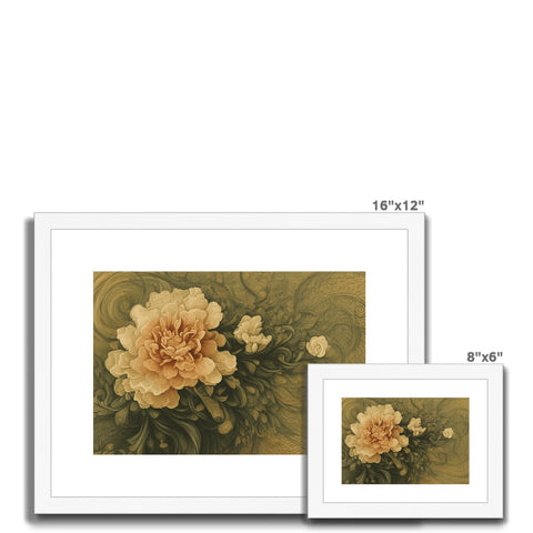 A gold framed framed photo of flower on a table surrounded with white frames.