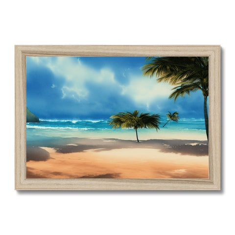 An art print with artwork of a beach on a beach side view.