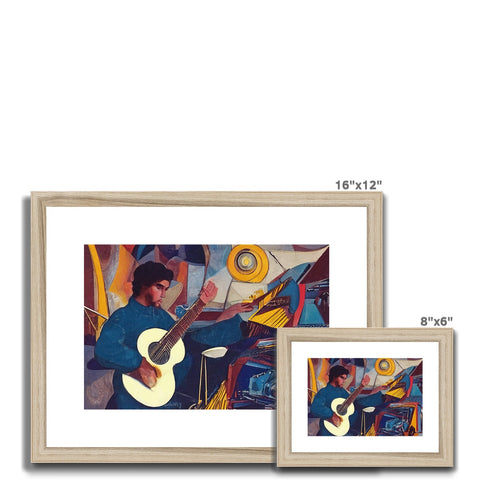 A picture frame with two paintings and a picture of a guitar playing with one hand.