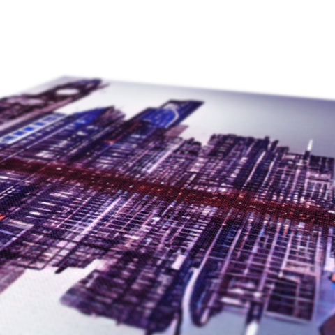 a printed image of a city skyline on metal screens.