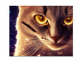 A cat staring down at a silver wall top mouse pad with two rows of lights.