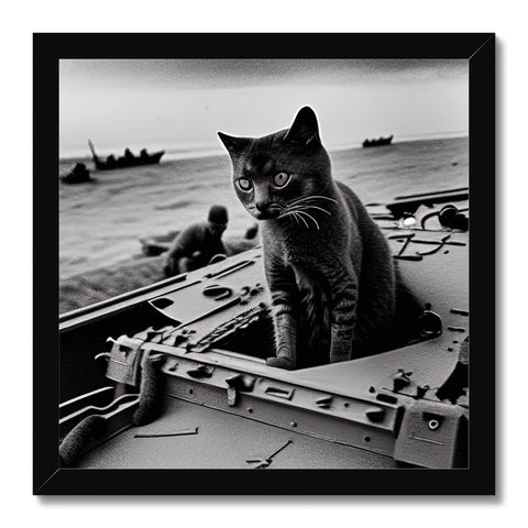 A tiny cat sitting on a tank on a boat deck of an aircraft carrier.