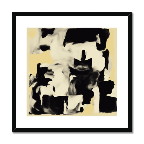 A framed print of an abstract painting on a wall that is in front of a black