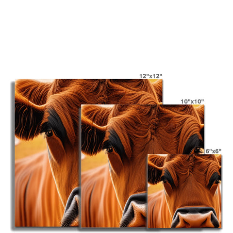 a wall of five pictures of a brown cow on a wood wall