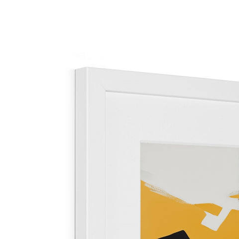 A yellow picture of a framed image above a frame with a silver cross on it.