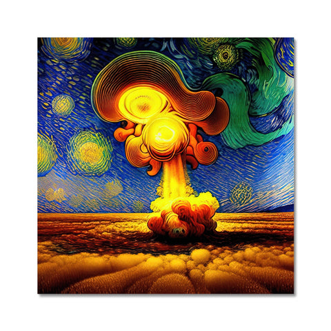 An art print of a mushroom being blown up next to a mushroom, and a radioactive