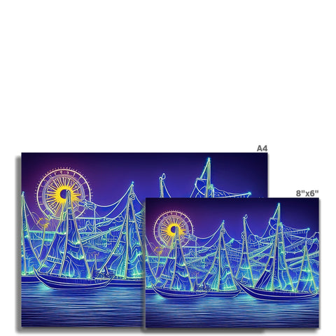 A set of pictures of sailboats in a lake with lights of white sails floating.
