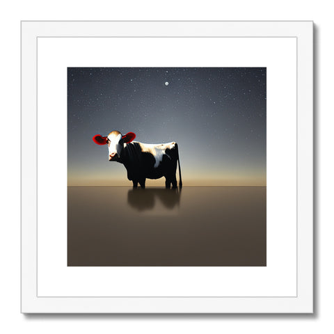 A cow is standing on the grass while gazing into space.