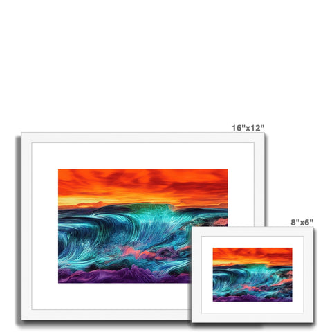 A picture of a couple of colorful photographs of seascapes on a large wall frame