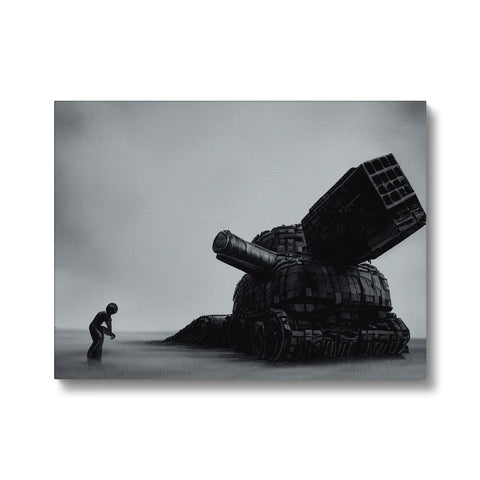 A war picture on a white background and on the wall sitting on a piece of metal