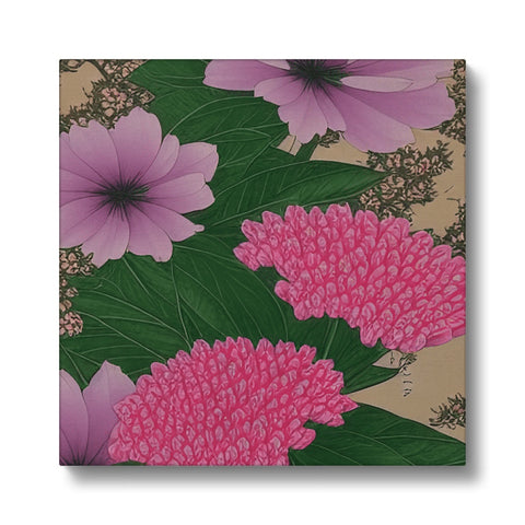 An artwork print on a green plate with pink flowers.