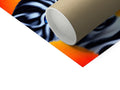 A plastic toilet paper roll and tissue paper with a tiger stripe background at a white table