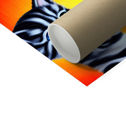 A plastic toilet paper roll and tissue paper with a tiger stripe background at a white table