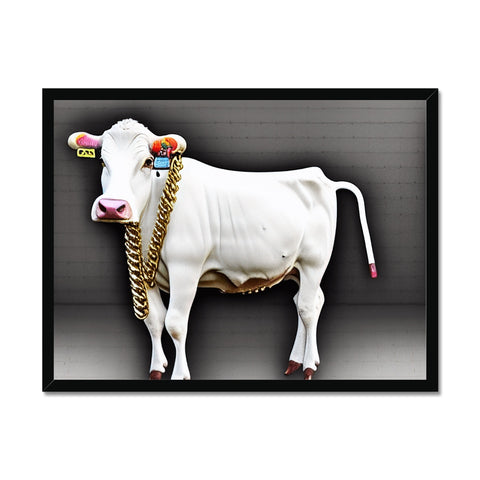 A cow on a wall with a black and white background.