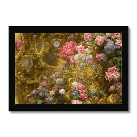 An art print of flowers on a vintage clock with gold trim.