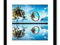A framed photo of an art print on a black mirror with a tropical landscape in the