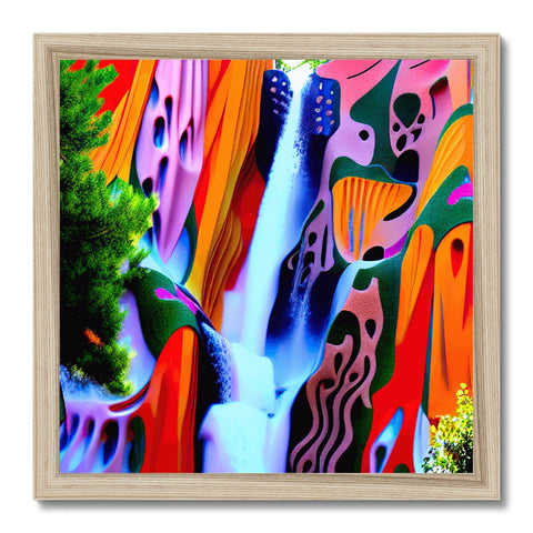 A large picture of an abstract colorful painting on a wall framed in wood.