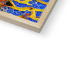 A book with a mosaic wood book case holding a mosaic tile floor in it, in