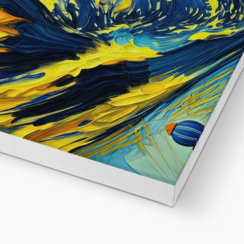 A large painting of a colorful ocean on a white card.
