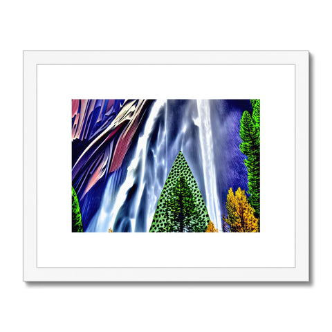 An art print of a small boat in the ocean with some trees and a tall mountain