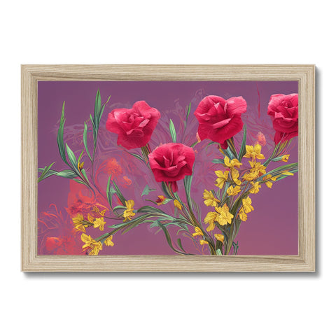 Art print that has pink flowers inside with red and blue borders.