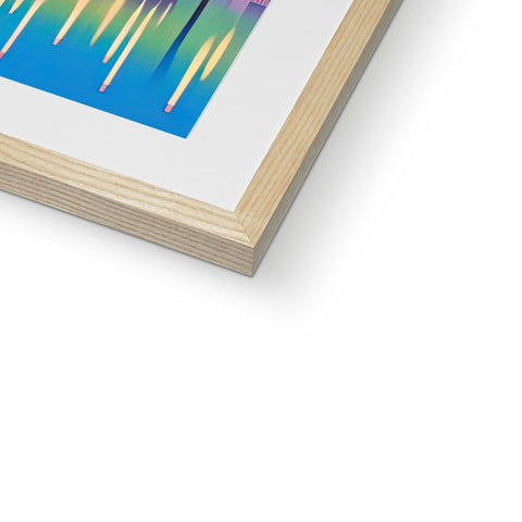 An abstract picture of watercolor printed artwork hanging in the frame of a wooden box.