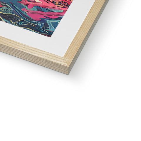 An art print is on the side of a large wooden frame.