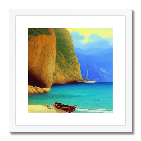 A sailboat in the water with art prints.