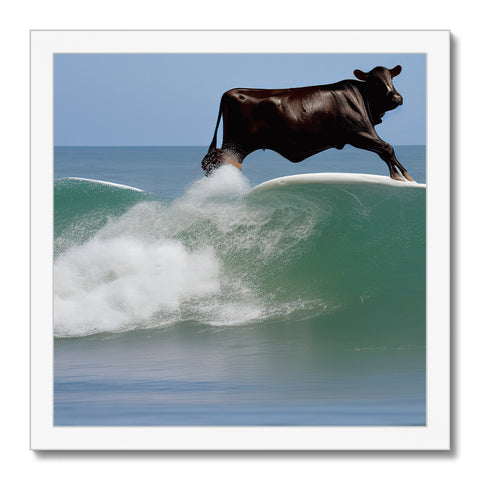 A brown bull riding a white wave on top of a board.