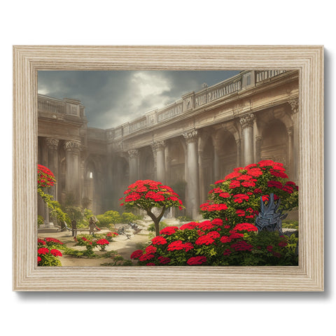 An  art print with a garden scene in front of white walls and white flowers.
