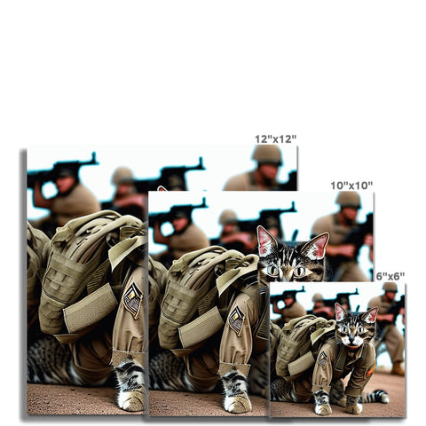 A photo of a cat on a mouse pad in camouflage dress with a rifle at the