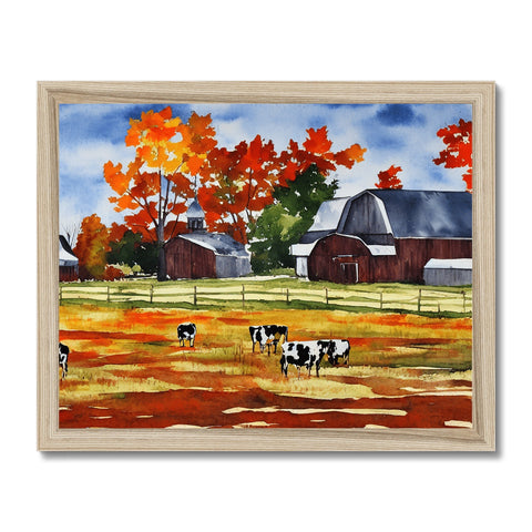 A farm scene covered in cows looking out on a pasture with a barn and cows and