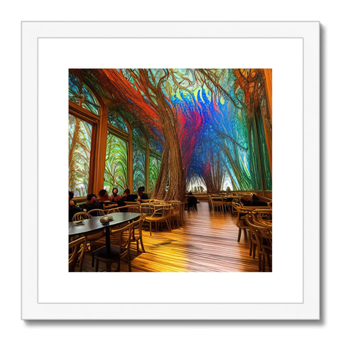 A restaurant with a colorful tree stand under the outdoor dining room and outside of the cafe
