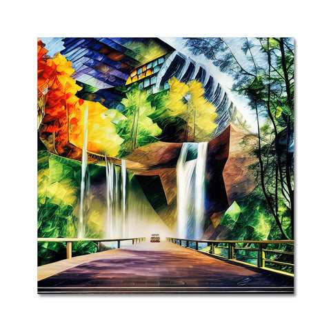 A colorful art print in a river with a waterfall in the background