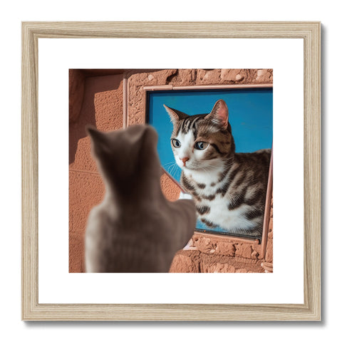 A cat is peering into a picture framed on a wall.