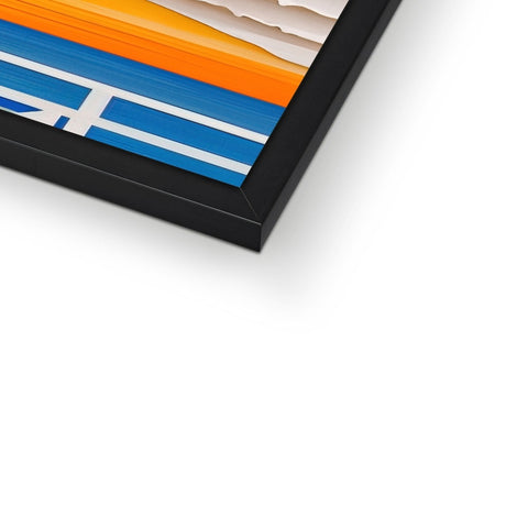 A picture frame with three colorful painted on each side of an orange and white surf board