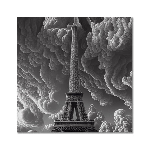 A ceramic tile painting with a black and white scene of the Eiffel tower.