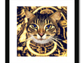 Gold framed art print on a white background next to a cat and a cat on a