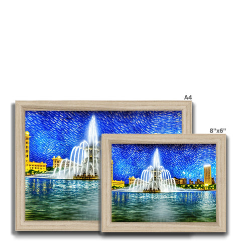 A picture frame of cityscape with trees on top of it with a fountains