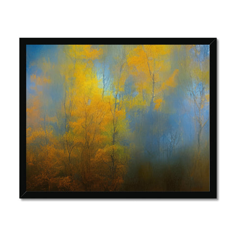 A colorful image of trees and other fall foliage on a wooden frame.